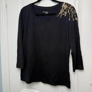 QVC Attitudes by Renee Embriodered 3/4 Sleeve Top Womens Medium Black Gold NWOT